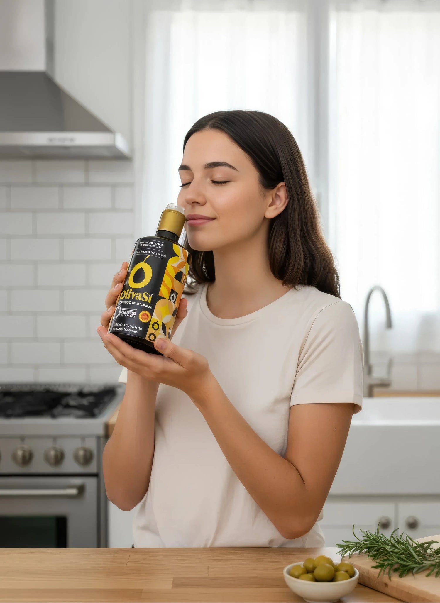 Persona disfrutando AOVE Golden Edition 500ml - OLIVA SÍ aceite de oliva gourmet DOP Priego de Córdoba